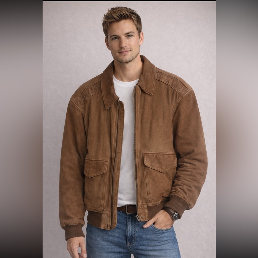 G-III Global Identity 100% Leather Bomber Jacket Men’s Small Brown Zip Up